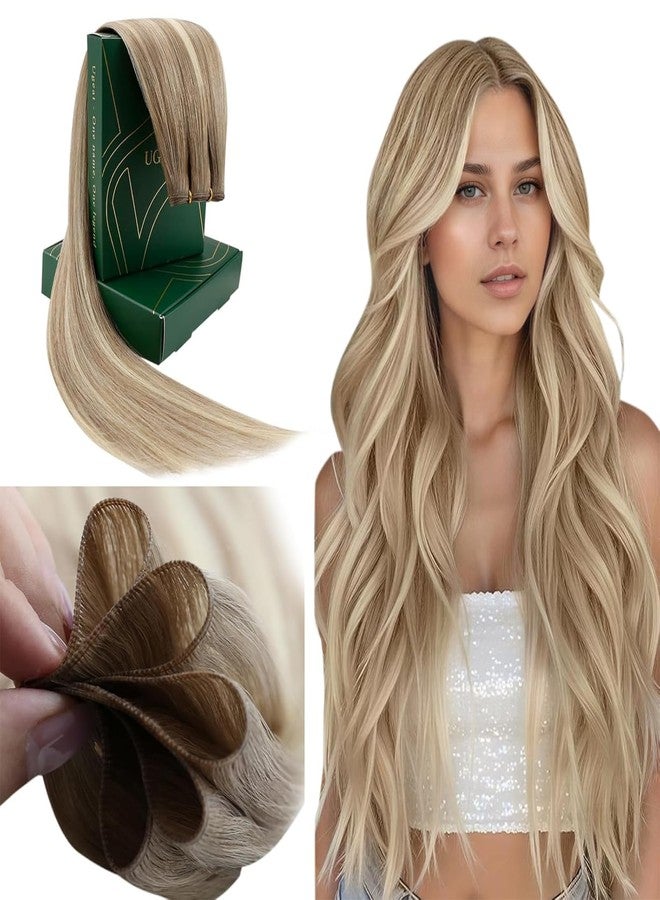 Ugeat Genius Weft Hair Extensions Balayage Light Brown Mix Platinum Blonde Genius Weft Hair Extensions Human Hair Platinum Blonde for Wedding Medium Length 18 Inch 50g - Image 1